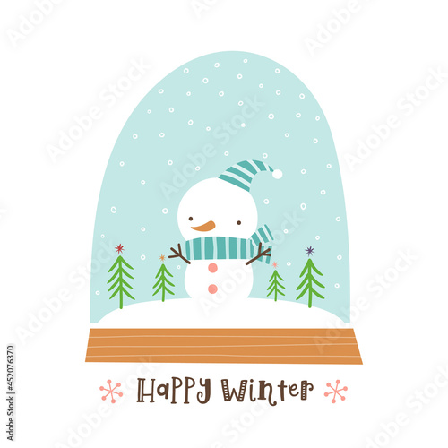 Vector illustration of snow globe with whimsical little snowman. Scandinavian style, hand drawn illustration for winter holidays.