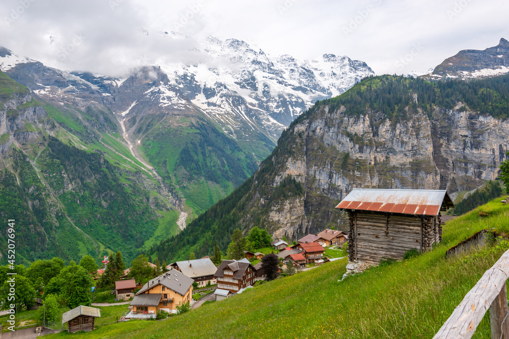View on Swiss village near Murren, Switzerland.