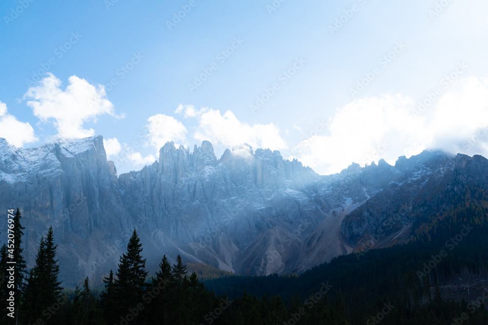 Dolomites alps,Rock Mountain with clound and bluesky on winter at Passo Giau landscape area in the Italian Dolomites popular travel destination, Italy.