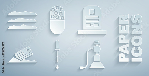 Set Pipette, Tombstone with RIP written, Cocaine and credit card, Hookah, Medicine pill or tablet and heroin drug icon. Vector