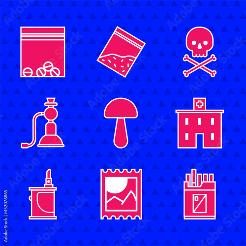 Set Psilocybin mushroom, LSD acid mark, Open cigarettes pack box, Medical hospital building, Electronic, Hookah, Skull crossbones and Plastic bag of drug icon. Vector