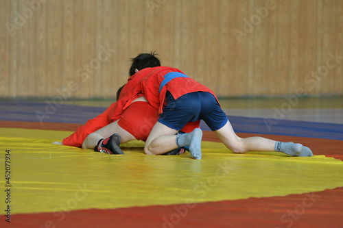 Quadro su tela Two boys compete on the wrestling mat in self-defense without weapons