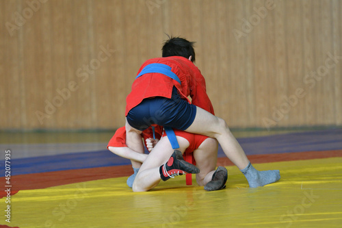 Two boys compete on the wrestling mat in self-defense without weapons 