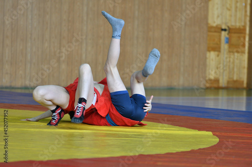 Fotografie Two boys compete on the wrestling mat in self-defense without weapons
