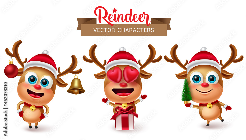 Fototapeta premium Reindeer christmas character vector set. Reindeers characters in cute 3d inlove and holding xmas tree element for holiday season deer collection design. Vector illustration. 