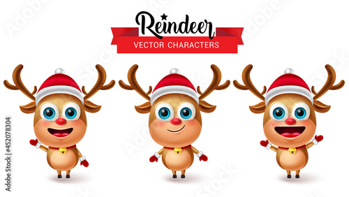 Reindeers christmas vector characters set. Reindeer character in cute facial expressions like friendly and happy for 3d xmas holiday element collection design. Vector illustration.
