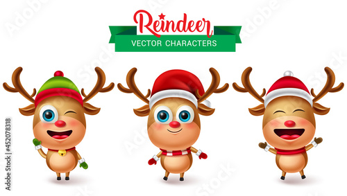 Reindeer character christmas vector set. Reindeers characters in cute facial expression like funny, happy and friendly for 3d animal holiday collection element design. Vector illustration.
