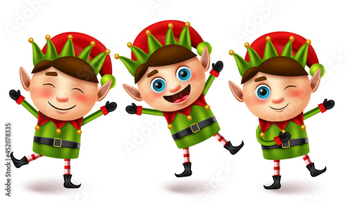 Elfs christmas characters vector set. Elf cute character in fun and joyful facial expression with jumping pose and gesture for xmas little kids collection element design. Vector illustration.  
