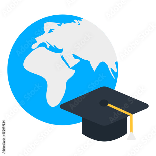 Globe with mortarboard, flat design of global education