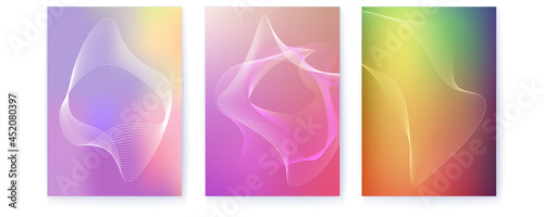 Set of covers. Abstract shapes with turbulent curved lines. Blended lines on multiple colored background. Vector illustration