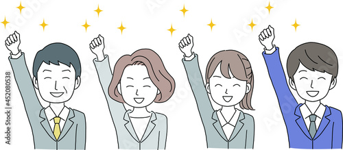 片手をあげるビジネスマンとビジネスウーマン