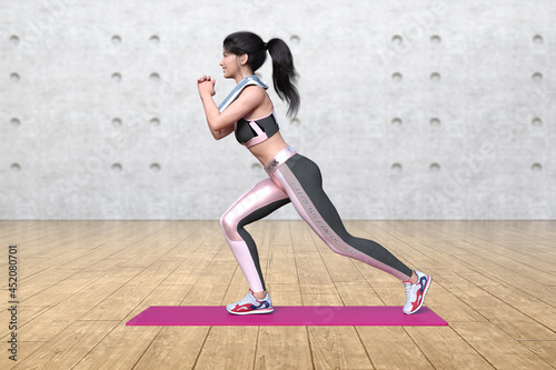 ピンクのマットの上に立ち脚を屈伸させながらトレーニングする肩にタオルをかけた女性