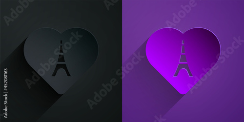 Paper cut Eiffel tower with heart icon isolated on black on purple background. France Paris landmark symbol. Paper art style. Vector