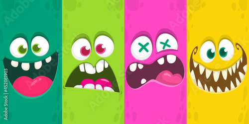 Funny cartoon monster faces emotions set. Illustration of mythical alien creatures different expression. Halloween party design. Great package design.