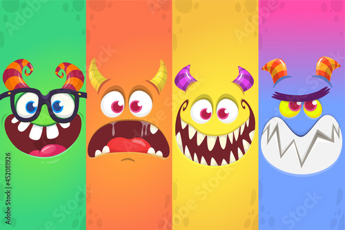 Funny cartoon monster faces emotions set. Illustration of mythical alien creatures different expression. Halloween party design. Great package design.