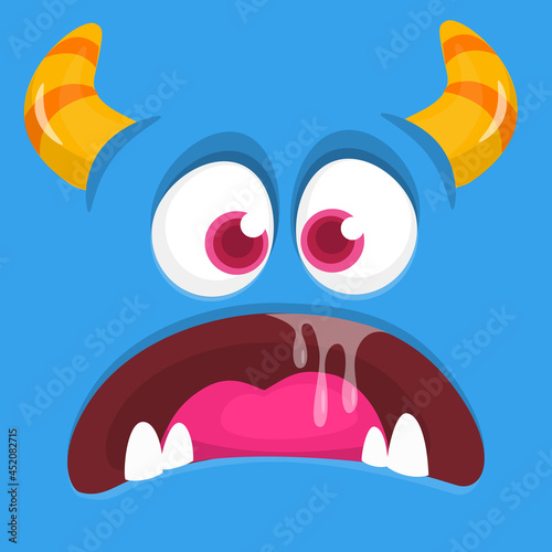 Funny cartoon monster character face expression. Illustration of cute and happy mythical alien creature. Halloween design