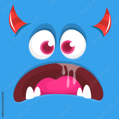 Funny cartoon monster character face expression. Illustration of cute and happy mythical alien creature. Halloween design