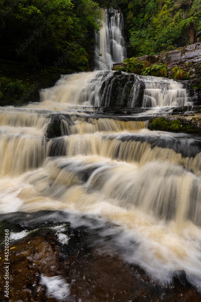 McLean Falls after heavy rain the waterfall is in full flow in the Catlins New Zealand McLean Falls after heavy rain the waterfall is in full flow in the Catlins New Zealand