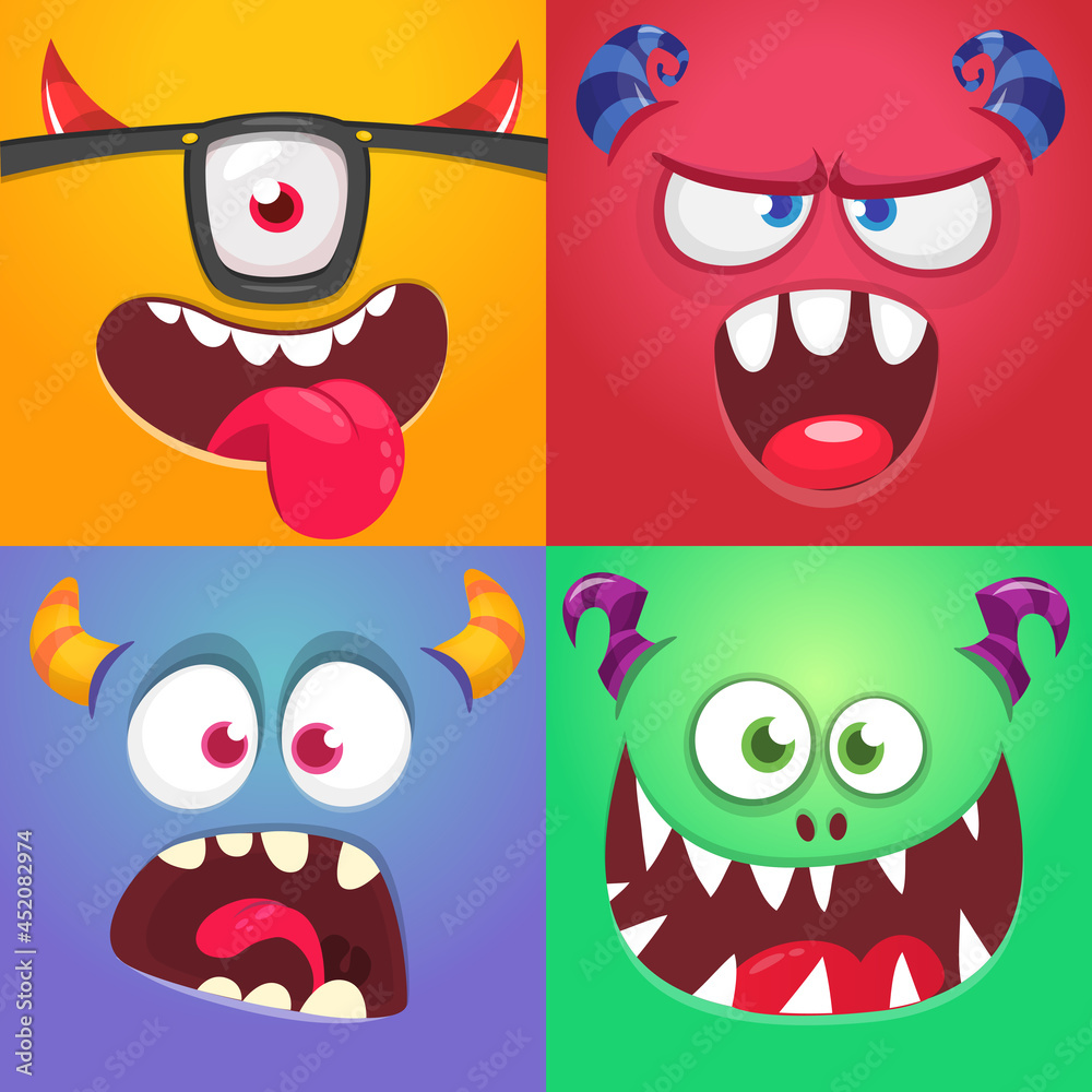 Obraz premium Funny cartoon monster faces emotions set. Illustration of mythical alien creatures different expression. Halloween party design. Great package design.