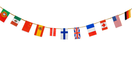 Garland with flags of different countries on white background