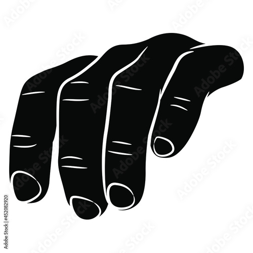 Front view of a human male hand with four bent fingers. Holding gesture. Black and white negative silhouette.