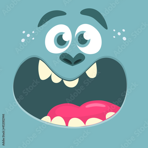 Funny cartoon monster character face expression. Illustration of cute and happy mythical alien creature. Halloween design