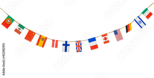 Garland with flags of different countries on white background