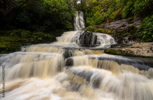 McLean Falls after heavy rain the waterfall is in full flow in the Catlins New Zealand