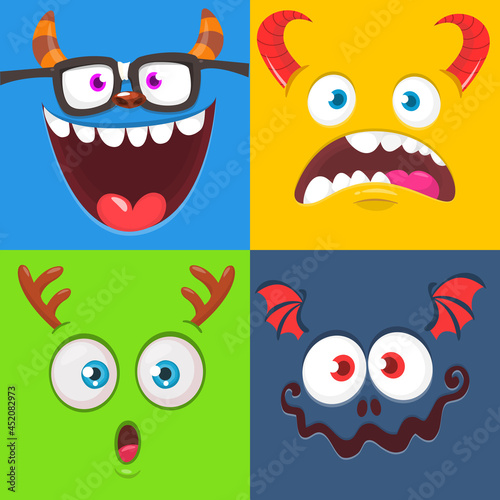 Funny cartoon monster faces emotions set. Illustration of mythical alien creatures different expression. Halloween party design. Great package design.