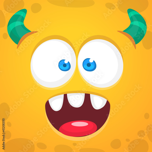 Funny cartoon monster character face expression. Illustration of cute and happy mythical alien creature. Halloween design