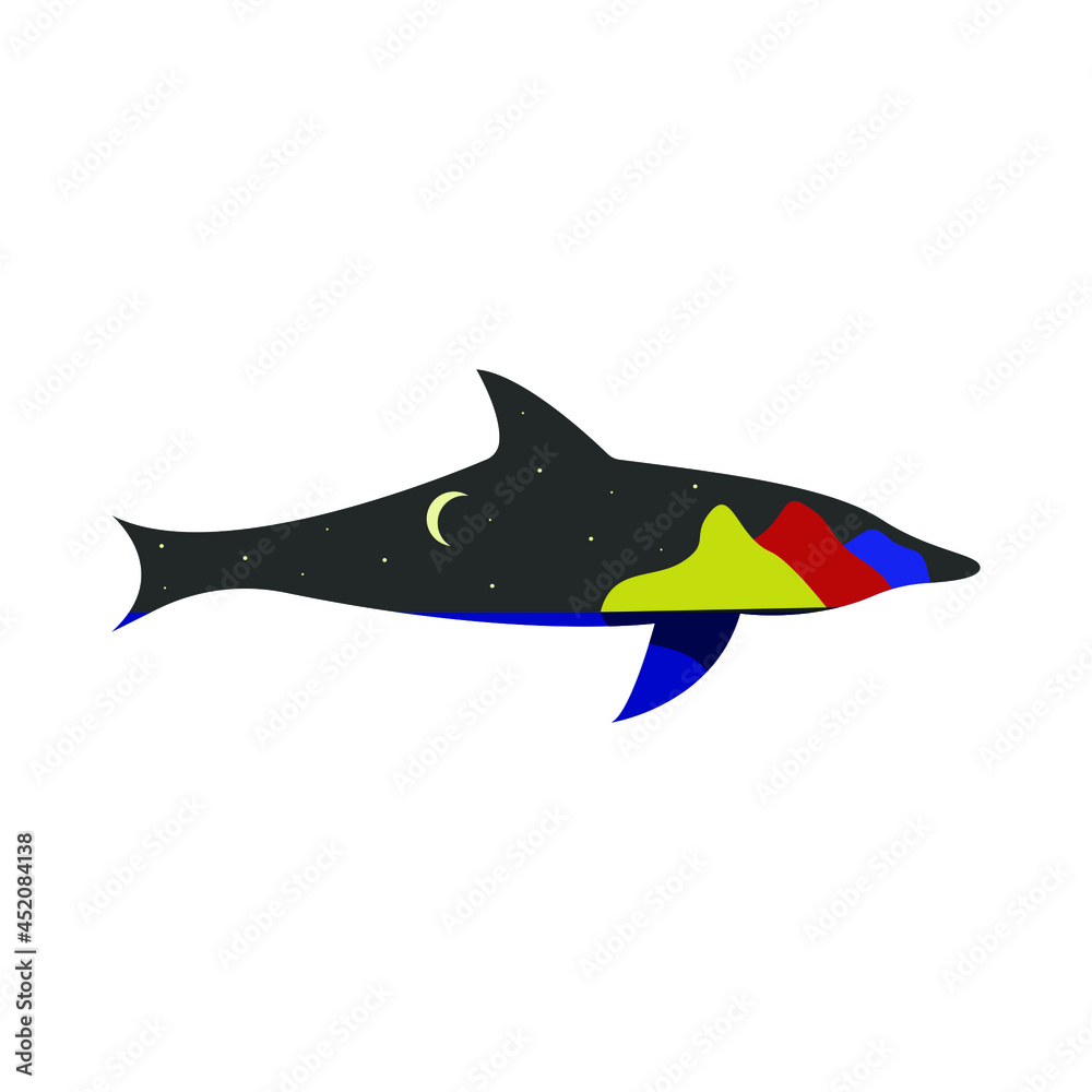 Fototapeta premium abstract shark. the silhouette of a shark with a composition inside. a bright picture with the image of mountains and the sea