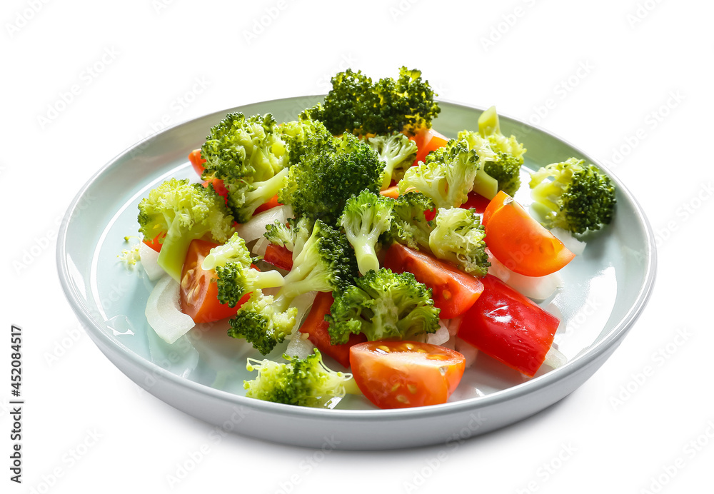 Plate of tasty salad with broccoli on white background Plate of tasty salad with broccoli on white background