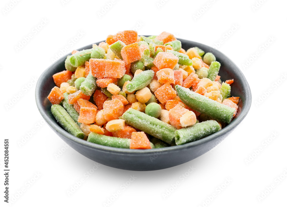Bowl with mix of frozen vegetables on white background Bowl with mix of frozen vegetables on white background
