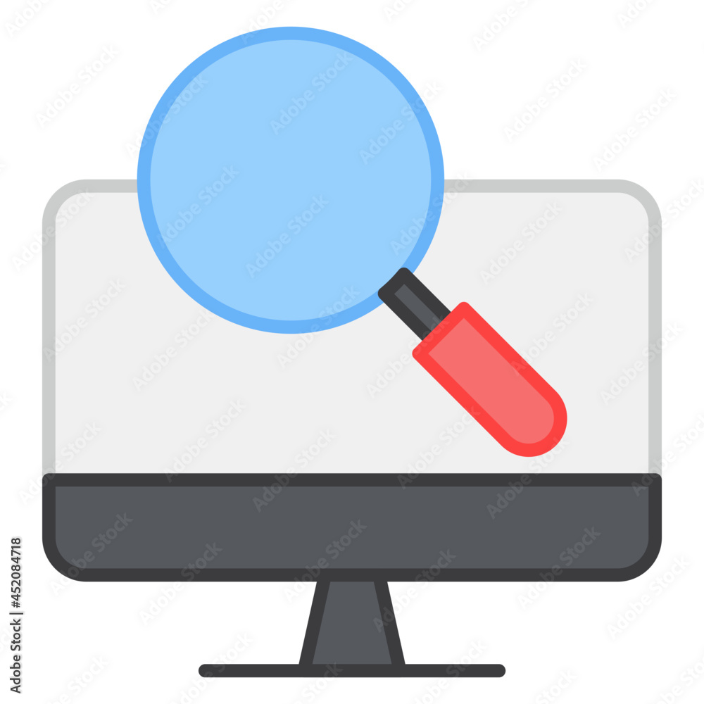Monitor under magnifying glass, flat design of search computer Monitor under magnifying glass, flat design of search computer