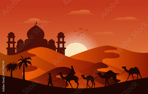 Sunset Arabic Desert Camel Caravan Muslim Islamic Culture Illustration