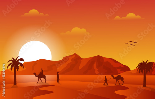 Sunset Arabic Desert Camel Caravan Muslim Islamic Culture Illustration © jongjawi