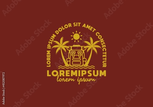 Gold color of backpack and coconut tree with lorem ipsum text