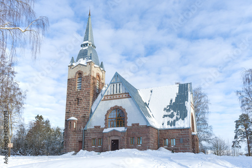 View of old Lutheran church in the Melnikovo on a February day. Leningrad region, Russia