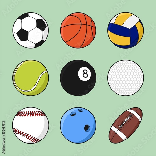 Balls for sports set Flat Cartoon Hand Drawn Vector Isolated