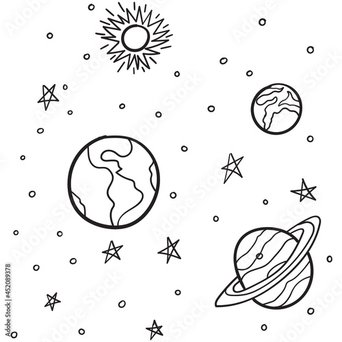 Modern space design Coloring book for children and adults. Hand-drawn Black and white vector illustration.