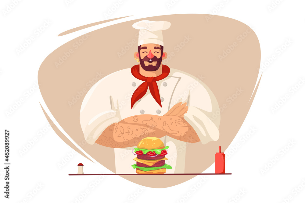 Happy chef cooked big burger Happy chef cooked big burger