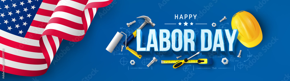 Labor Day poster template.USA Labor Day celebration with American flag,Safety hard hat and Construction tools.Sale promotion advertising Poster or Banner for Labor Day - obrazy, fototapety, plakaty 
