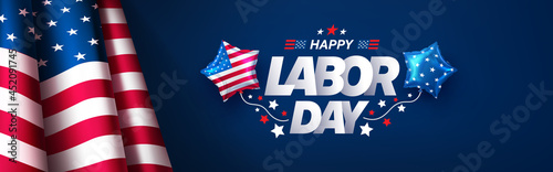 USA Labor Day Banner and poster template.USA labor day celebration with american flag on blue background.Sale promotion advertising banner template for USA Labor Day Brochures,Poster or Banner.