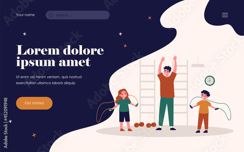 Smiling kids training in gym with trainer. Skipping rope, exercise, jumping flat vector illustration. Health and sport activity concept for banner, website design or landing web page