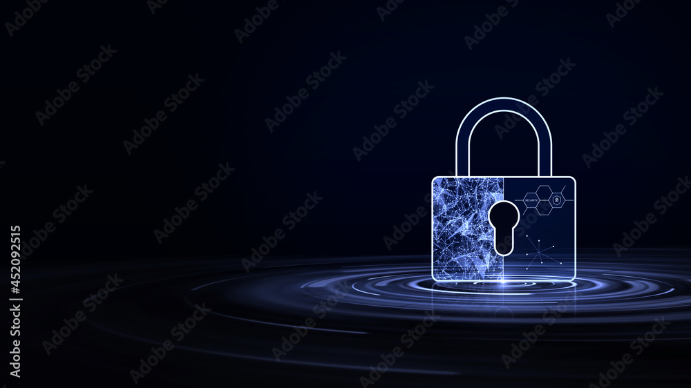 padlock wire frame design. The padlock is on the right side of the picture. Left empty space on dark blue background. cybersecurity protection concept. technology background. padlock wire frame design. The padlock is on the right side of the picture. Left empty space on dark blue background. cybersecurity protection concept. technology background.