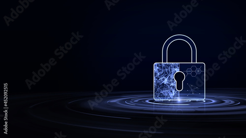 padlock wire frame design. The padlock is on the right side of the picture. Left empty space on dark blue background. cybersecurity protection concept. technology background.