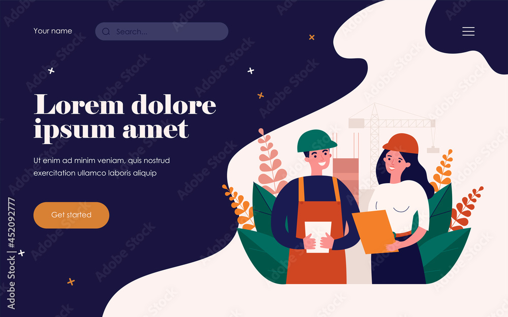 Fototapeta premium Builder and engineer discussing building plan. Helmet, draft, crane flat vector illustration. Architecture and construction concept for banner, website design or landing web page