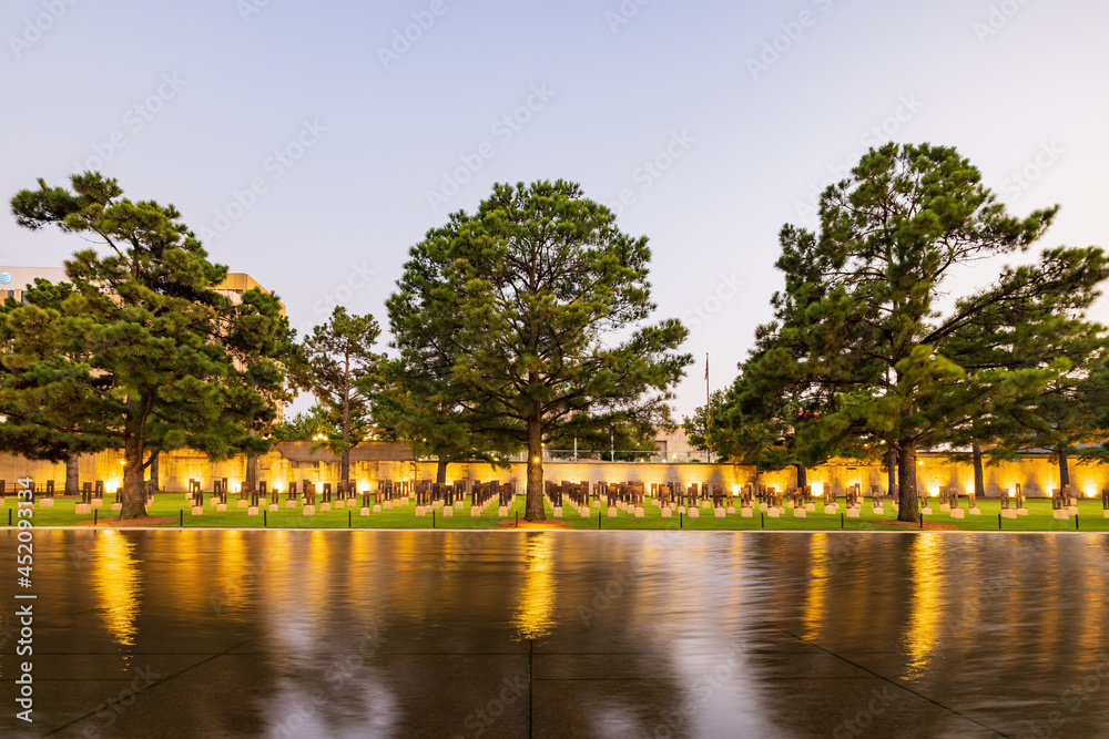 Night view of the Oklahoma City Memorial chairs Night view of the Oklahoma City Memorial chairs