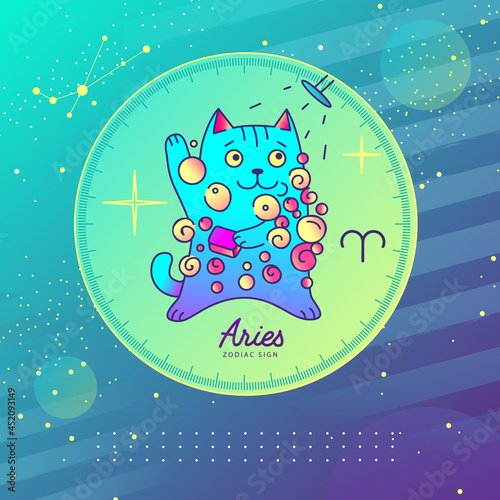 Modern magic witchcraft card with astrology Aries zodiac sign. Cartoon zodiac sign. Funny cat