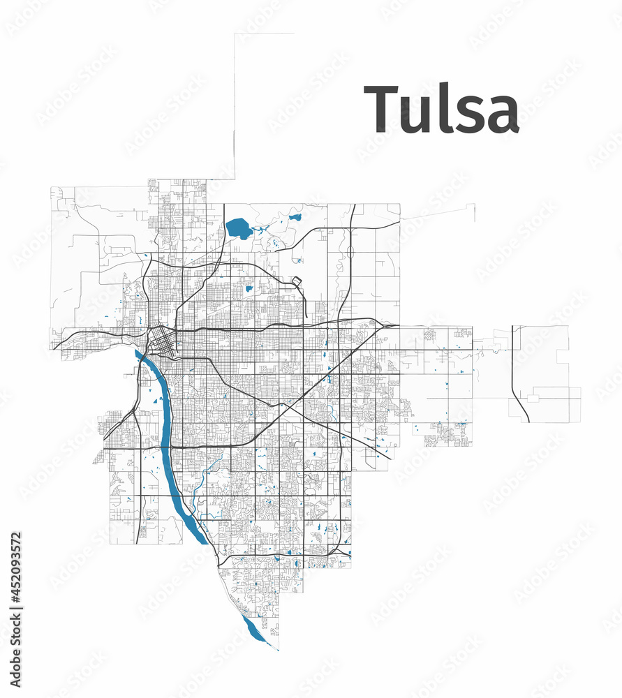 Tulsa map. Detailed map of Tulsa city administrative area. Cityscape panorama.